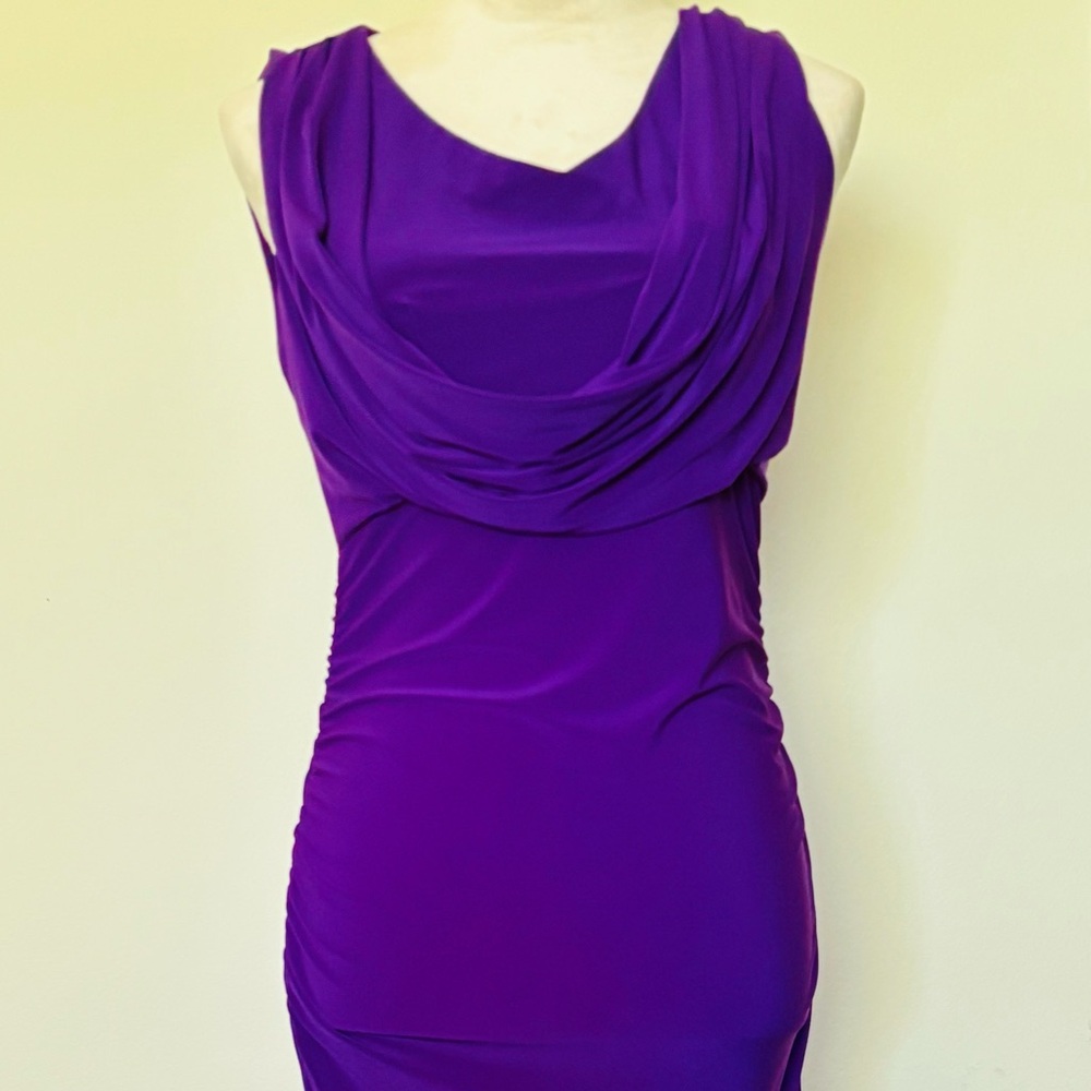 Tiana B. Size S Stretchy Purple Sleeveless Midi Cowl Neck Dress w Ruching